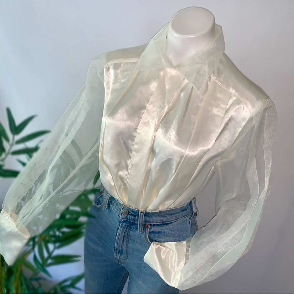 v i n t a g e :: Stunning Pleated Satin Sheer Organza Sleeve Blouse